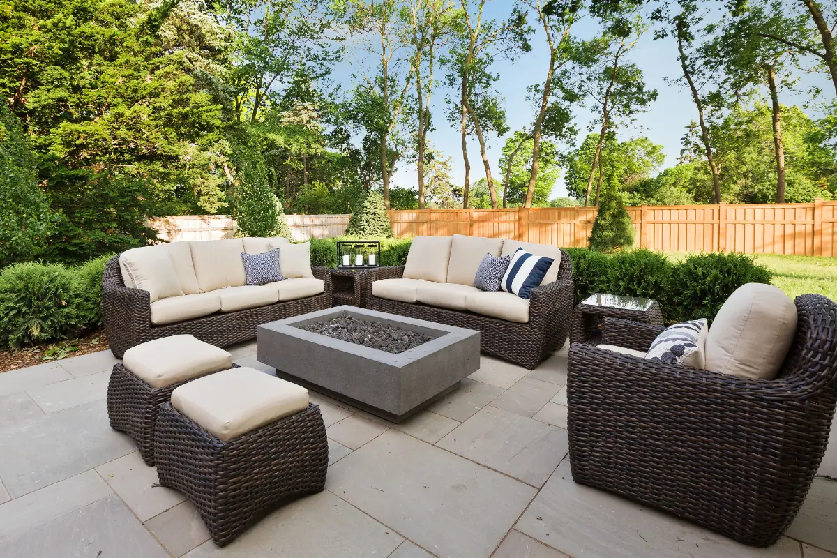 Concrete patio with outdoor seating and a fire feature in Asheville NC - The Western NC Concrete Company