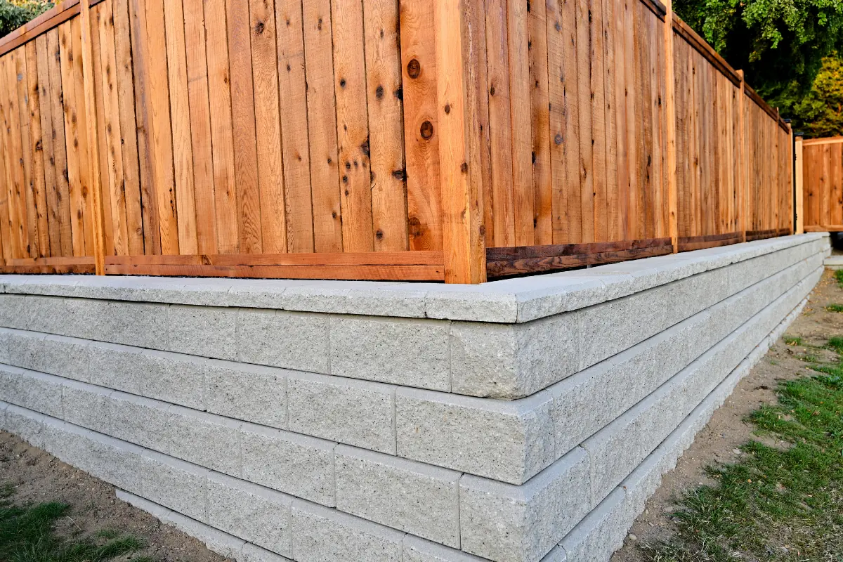 Segmental block retaining wall holding a graded slope behind a wood fence in Western NC - The Western NC Concrete Company